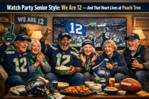 "Seniors celebrating a Seattle Seahawks game day watch party at Peach Tree Retirement Community in Yakima, wearing team gear and enjoying snacks together."