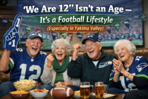 Senior residents cheering for the Seahawks during a football game in an independent senior living community in Yakima Valley