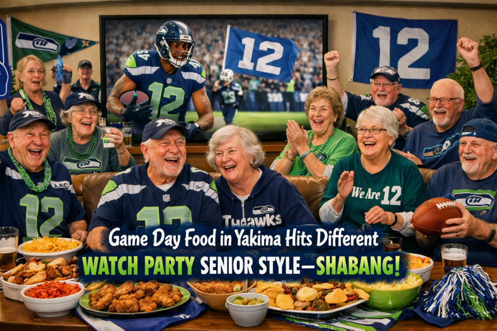 Seniors at Peach Tree Retirement Center in Yakima enjoying a Super Bowl watch party with Seahawks jerseys, shared game day food, and big smiles.