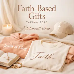 Christian gifts Yakima 2026 featuring faith-based statement apparel in soft peach and cream tones displayed at Pages & Petals Mother’s Day Bazaar.