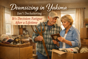 Senior couple in Yakima sorting belongings while downsizing a lifetime home, showing the emotional impact of decision fatigue