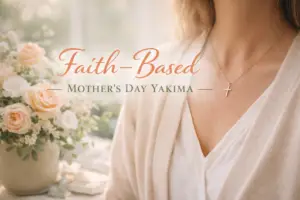 Faith-based Mother’s Day event in Yakima Valley featuring elegant Christian lifestyle setting with cross necklace and peach florals