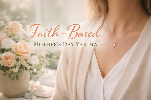 Faith-based Mother’s Day event in Yakima Valley featuring elegant Christian lifestyle setting with cross necklace and peach florals
