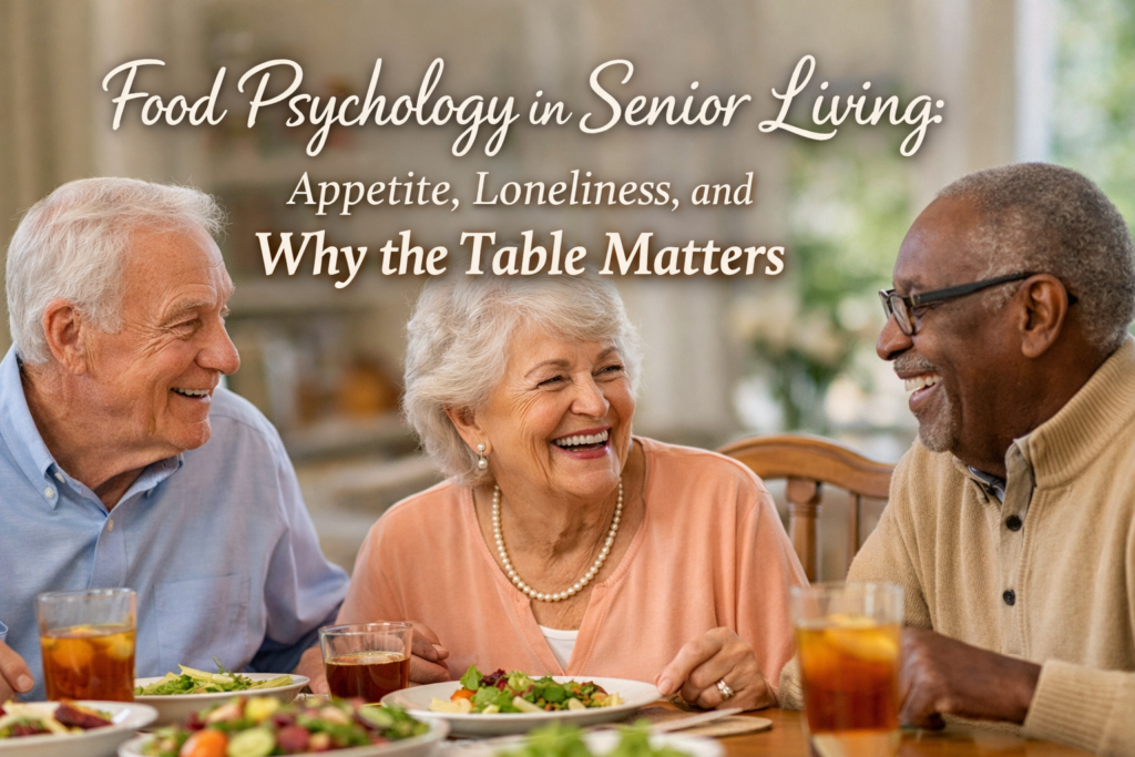Seniors sharing a relaxed meal together at a table, illustrating food psychology and social connection in independent senior living
