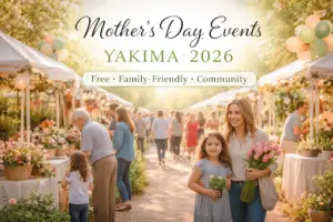 Free family-friendly Mother’s Day events Yakima 2026 at Peach Tree Retirement Center with families walking through outdoor spring vendor booths