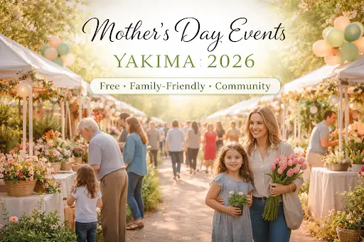 Free family-friendly Mother’s Day events Yakima 2026 at Peach Tree Retirement Center with families walking through outdoor spring vendor booths