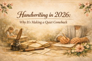 “Handwriting in 2026 shown through an intergenerational scene of handwritten letters, vintage writing tools, and a senior writing by hand, reflecting a quiet return to meaningful communication.”