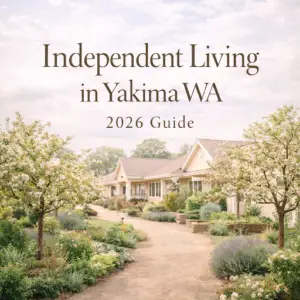 Independent living Yakima, WA 2026 single-level senior living community with orchard trees and garden paths.