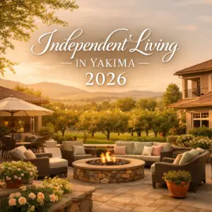 Independent senior living Yakima WA courtyard with orchard backdrop and warm sunlight, highlighting 2026 community lifestyle
