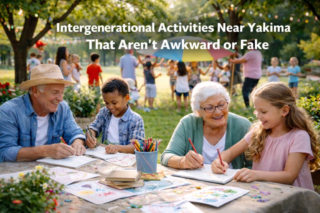 This featured image shows children and older adults writing side by side at an intergenerational community gathering in Yakima, Washington. The scene reflects calm, meaningful connection through storytelling and shared creativity, similar to experiences featured at Pages & Petals events hosted at Peach Tree Retirement Center.