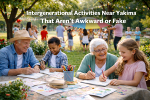 This featured image shows children and older adults writing side by side at an intergenerational community gathering in Yakima, Washington. The scene reflects calm, meaningful connection through storytelling and shared creativity, similar to experiences featured at Pages & Petals events hosted at Peach Tree Retirement Center.