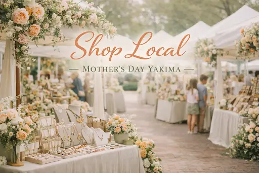Outdoor Mother’s Day bazaar in Yakima 2026 featuring upscale artisan booths, handcrafted jewelry, and spring florals at Pages & Petals