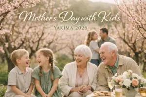 Family-friendly Mother’s Day event in Yakima 2026 featuring kids and seniors smiling together in a spring orchard at Pages & Petals