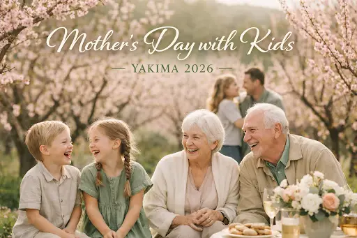 Family-friendly Mother’s Day event in Yakima 2026 featuring kids and seniors smiling together in a spring orchard at Pages & Petals