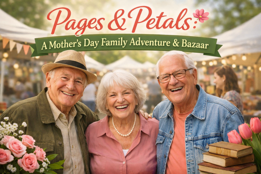 Smiling senior adults enjoying a Mother’s Day spring bazaar in Yakima at the Pages & Petals family event.