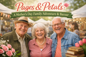 Smiling senior adults enjoying a Mother’s Day spring bazaar in Yakima at the Pages & Petals family event.