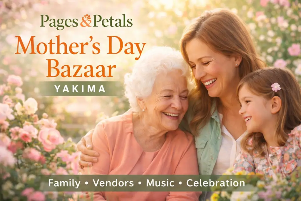 Pages & Petals Mother’s Day Bazaar in Yakima featuring three generations celebrating together at a family-friendly outdoor festival with vendors, music, and community connection.