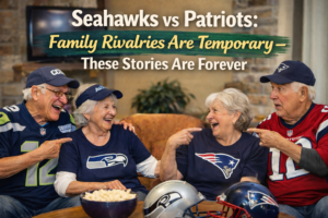 Senior citizens laughing together during a Seahawks vs Patriots football rivalry in an independent senior living community
