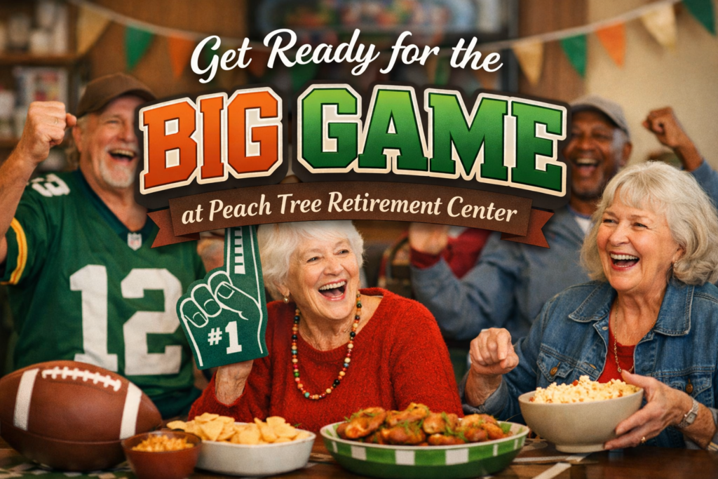 “Senior residents smiling together at a Super Bowl party at Peach Tree Retirement Center in Yakima, Washington.”