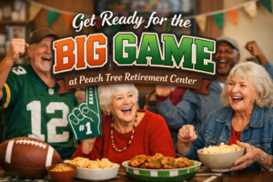 “Senior residents smiling together at a Super Bowl party at Peach Tree Retirement Center in Yakima, Washington.”