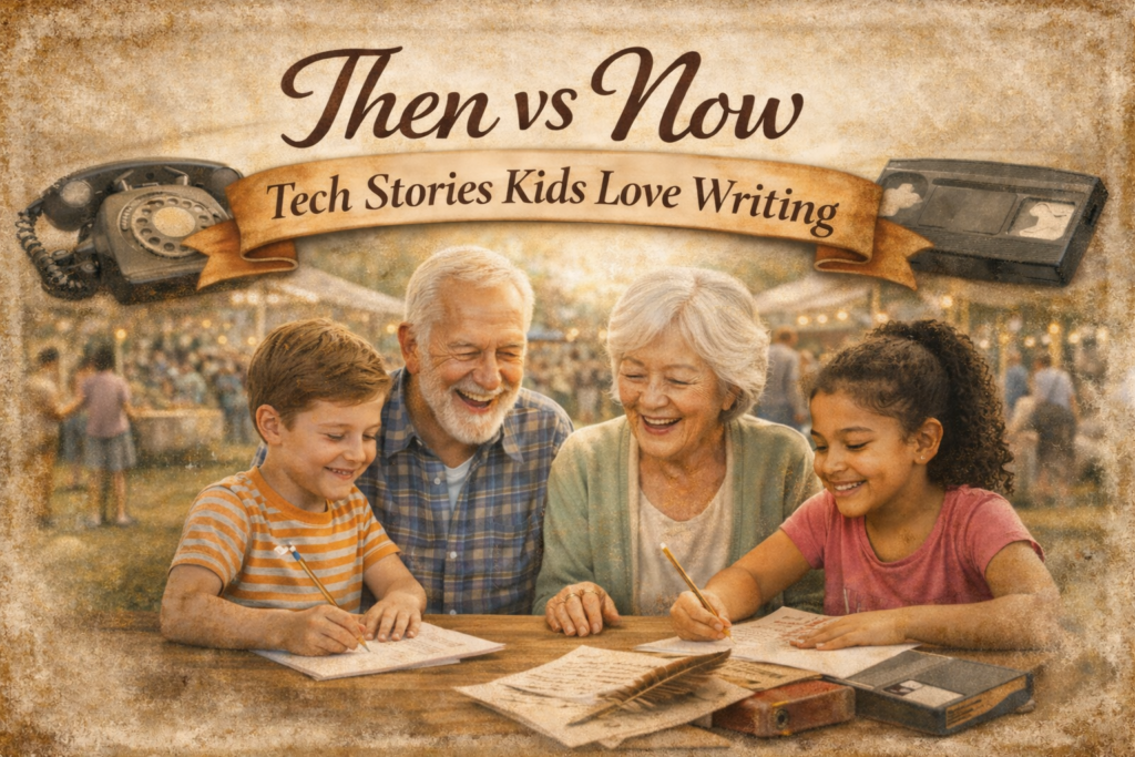Children and senior citizens writing together at the Pages & Petals Mother’s Day Bazaar in Yakima, exploring “then vs now” technology stories across generations.