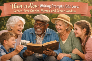 Children writing with senior residents during a then vs now storytelling activity featuring memes, technology, and shared memories