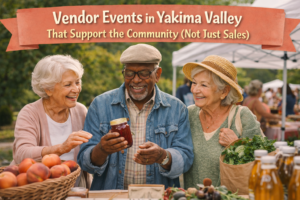 Senior residents enjoying a local vendor event in Yakima Valley, exploring fresh produce and handmade goods while connecting with the community.