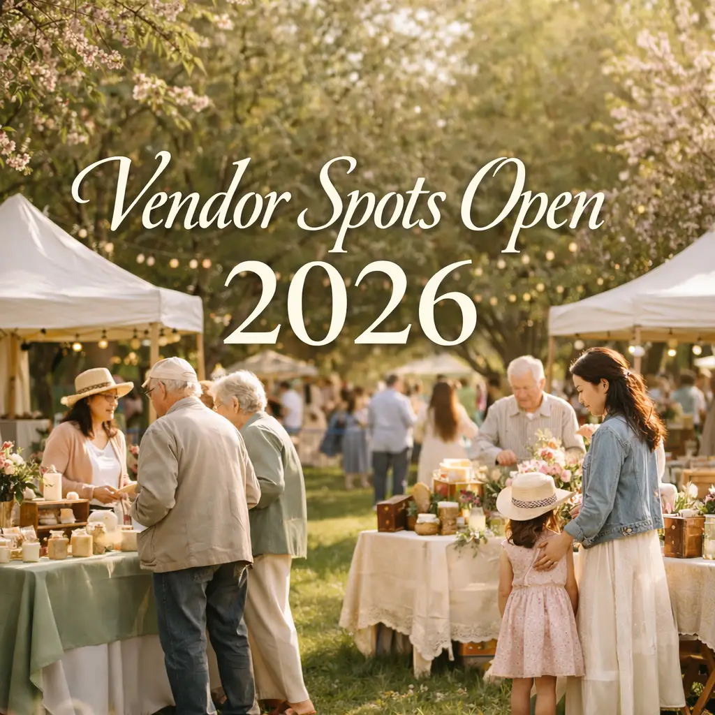 Vendor Spots Open 2026 graphic for Pages & Petals Mother’s Day Bazaar in Yakima WA featuring outdoor orchard vendor booths and families at Peach Tree Retirement Center.