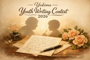 Handwritten letter on vintage desk with peach florals and senior child silhouette promoting Yakima Youth Writing Contest 2026