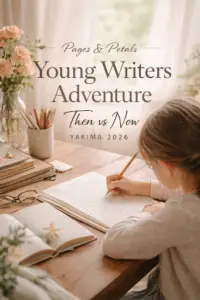 Youth writing contest Yakima 2026 child writing handwritten Then vs Now story for Pages & Petals Young Writers Adventure.