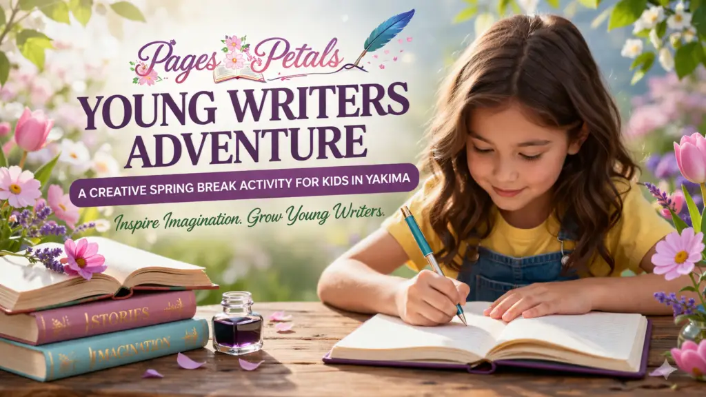Pages & Petals Young Writers Adventure banner showing a young girl writing at a wooden table surrounded by flowers, books, and soft spring sunlight, promoting a creative kids event in Yakima.