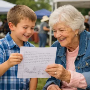 Child sharing Then vs Now handwritten story with senior during Pages & Petals Young Writers Adventure at intergenerational Mother’s Day event in Yakima WA