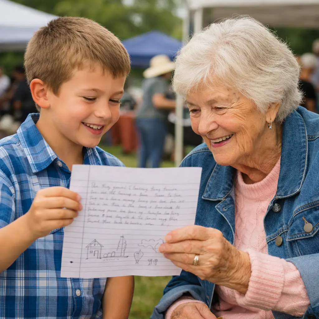 Child sharing Then vs Now handwritten story with senior during Pages & Petals Young Writers Adventure at intergenerational Mother’s Day event in Yakima WA