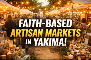 Faith-based artisan market in Yakima with handmade gifts, candles, and vendors under string lights at the Pages & Petals Mother’s Day Bazaar.