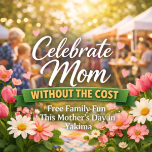 Free Mother’s Day activities Yakima WA 2026 graphic promoting the Pages & Petals Mother’s Day Bazaar at Peach Tree Retirement Center with family-friendly outdoor celebration.