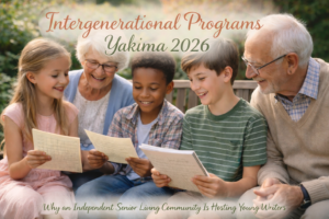 Children sharing handwritten stories with seniors during an intergenerational writing program in Yakima 2026 at Peach Tree Retirement Center.