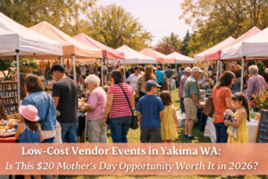 Mother’s Day vendor market in Yakima with families browsing local booths at the Pages & Petals Mother’s Day Bazaar
