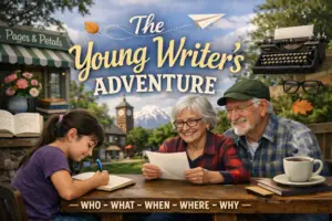 Child writing a story while seniors read together at the Pages & Petals Young Writers Adventure in Yakima celebrating intergenerational storytelling.