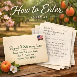 Envelope with stamp and handwritten story pages for the Pages & Petals Young Writers Adventure entry process in Yakima, WA