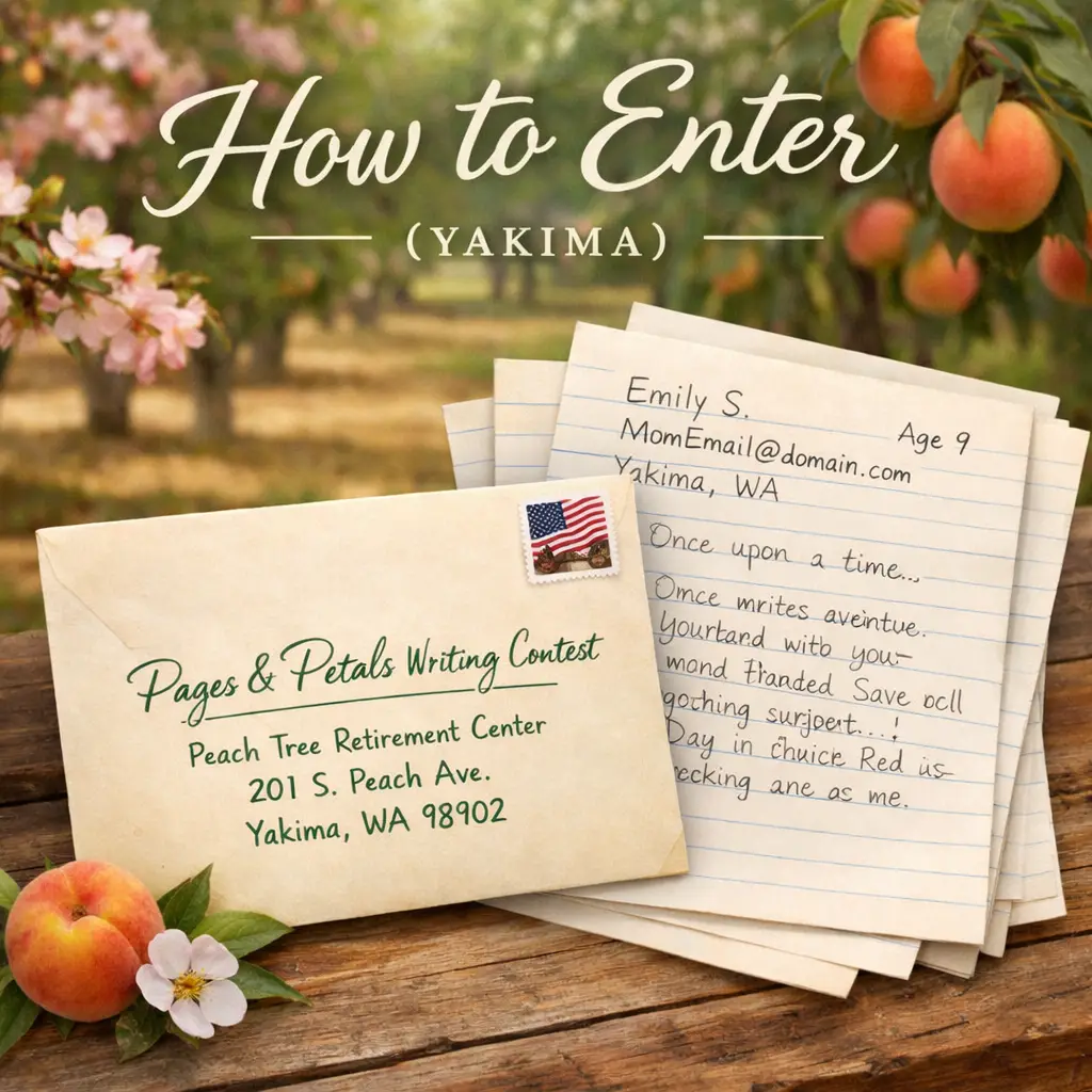 Envelope with stamp and handwritten story pages for the Pages & Petals Young Writers Adventure entry process in Yakima, WA