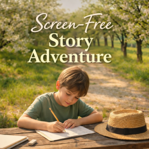 Child writing a handwritten “Then vs Now” story at a picnic table along an orchard path during a screen-free kids activity in Yakima Valley.