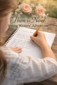 child writing handwritten story for the Pages & Petals youth writing contest Yakima 2026 Then vs Now Young Writers Adventure