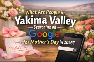 Pages & Petals Mother’s Day Adventure and Bazaar graphic for Yakima Valley 2026 with flowers, gift box, smartphone, and spring event design