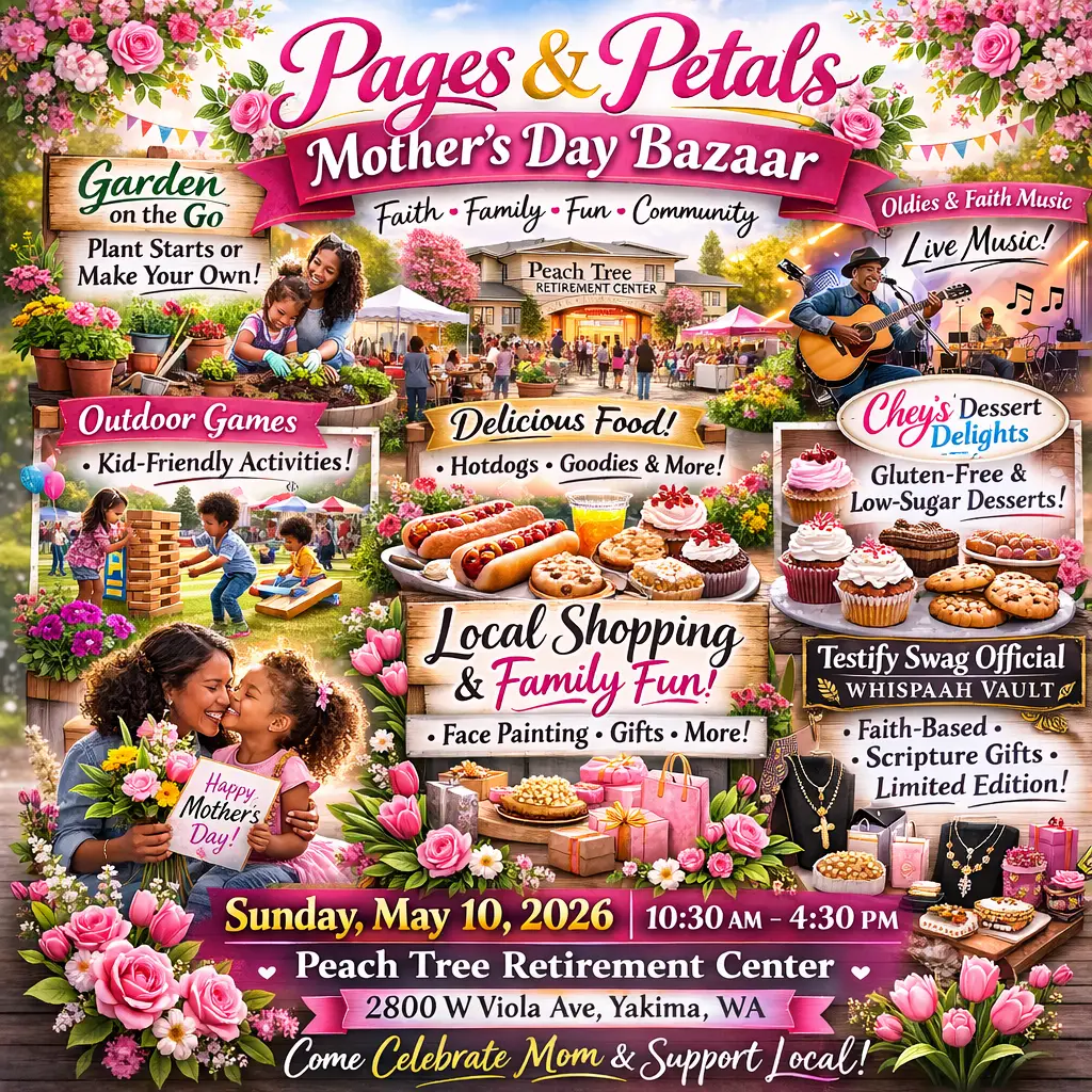 Mother’s Day Bazaar Yakima 2026 – Pages & Petals at Peach Tree Retirement Center. Families enjoying faith, music, food, crafts, Garden on the Go, and the Young Writers Adventure on Sunday, May 10th, 2026.