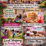 Mother’s Day Bazaar Yakima 2026 – Pages & Petals at Peach Tree Retirement Center. Families and seniors enjoying faith-filled fun with Christian music, oldies, pancake bar, hot dogs, boba drinks, DIY crafts, kids games, and the Young Writers Adventure on May 10, 2026.