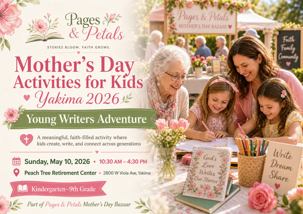Mother’s Day activities for kids in Yakima 2026 featuring the Pages & Petals Young Writers Adventure with children writing, a mother, and a senior at Peach Tree Retirement Center.