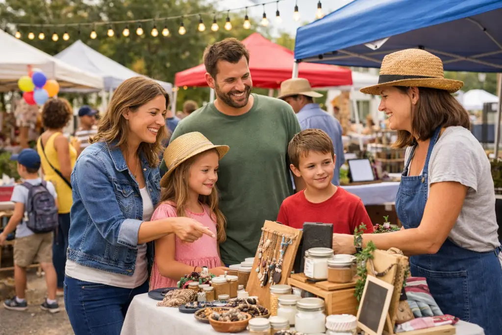 vendors do better at events where families stay longer as families browse vendor booths at a community market