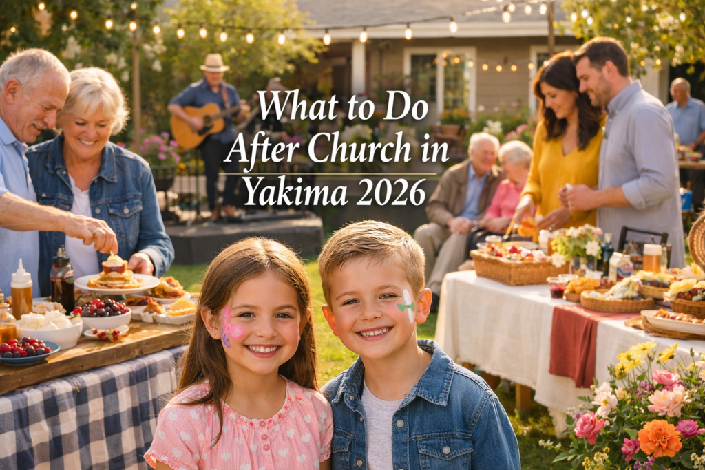Multi-generational families enjoy a spring after-church community event in Yakima with a pancake bar, kids’ activities, vendor tables, and live music in a welcoming garden setting.