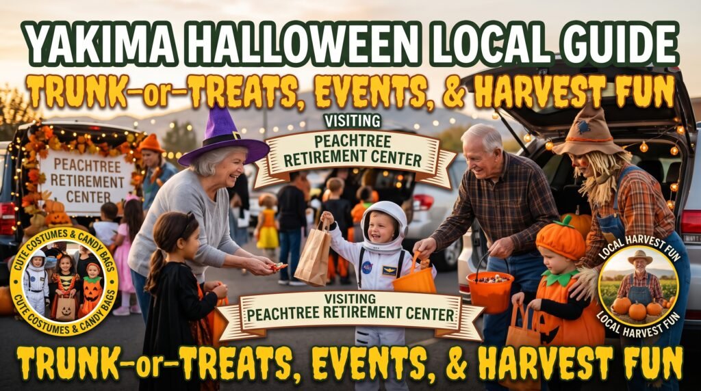 An energetic snapshot of diverse Yakima families enjoying the safe and scare-free outdoor community event, Harvest Fun, at Peach Tree Retirement Center on Halloween. Costumed kids visit multiple colorful activity stops, smiling and collecting treats.