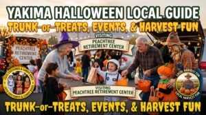 An energetic snapshot of diverse Yakima families enjoying the safe and scare-free outdoor community event, Harvest Fun, at Peach Tree Retirement Center on Halloween. Costumed kids visit multiple colorful activity stops, smiling and collecting treats.